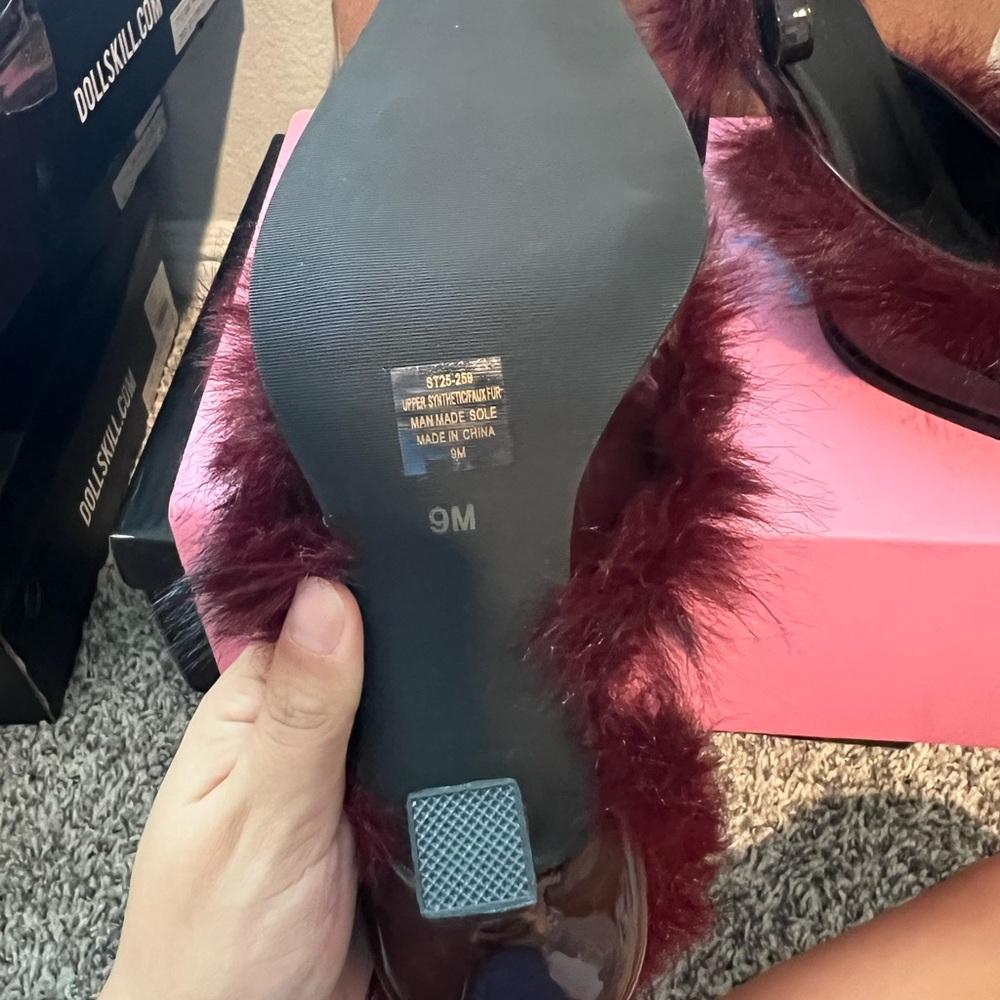 Dolls Kill Burgundy Fur-Trimmed Heels - Picture 3 of 3